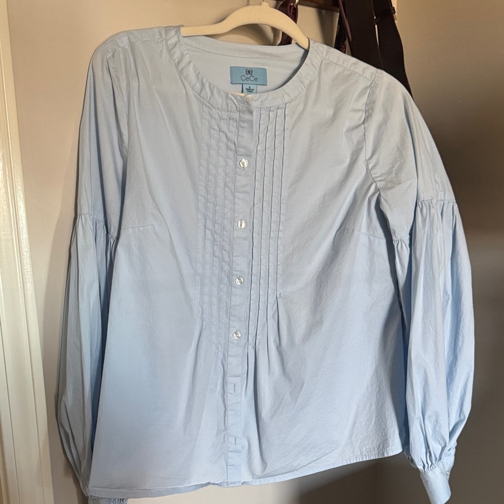 Cece Cotton Balloon Sleeve Blouse in Blue
